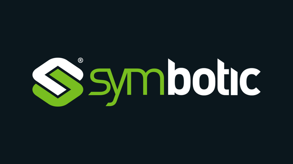 Symbotic green and white wordmark and geometric emblem