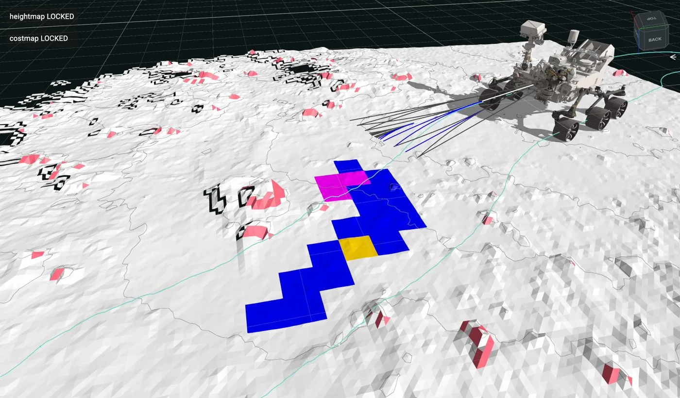 NASA visualization of the Perseverance rover evaluating safe paths across a digital terrain model during autonomous navigation