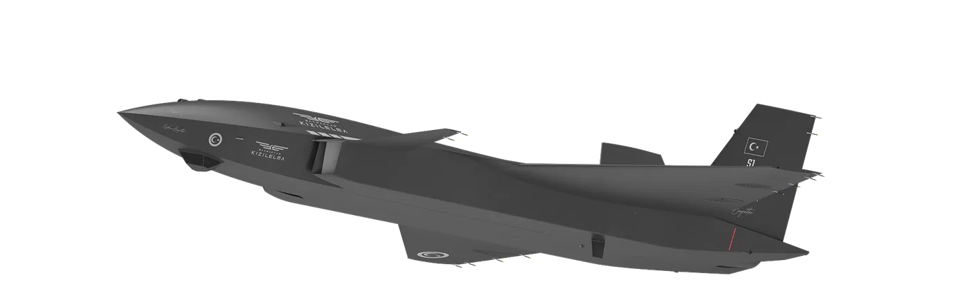 Baykar KIZILELMA uncrewed combat aircraft in a studio product view