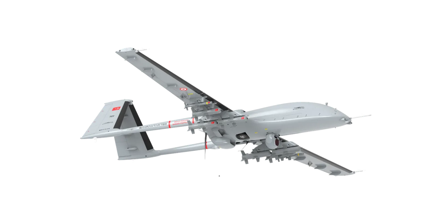 Baykar Bayraktar TB3 unmanned aircraft in a studio product view