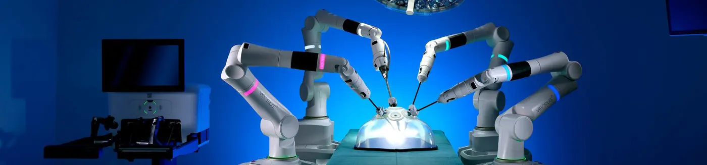 Official CMR Surgical press image showing the complete modular Versius system in an operating-room setup.
