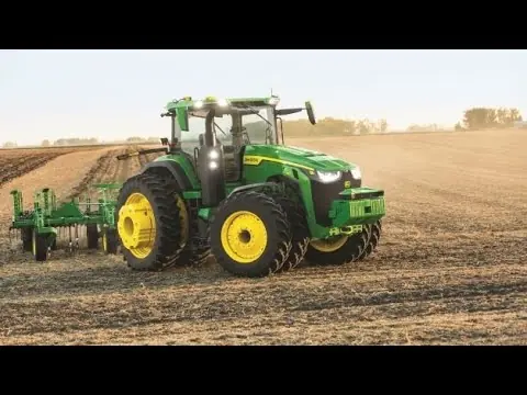 Official product-video thumbnail showing the autonomous 8R tractor in the field.