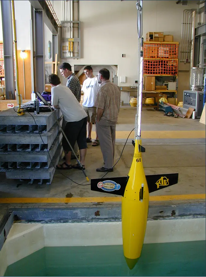 University research-program image showing an exact Seaglider vehicle during pool testing.