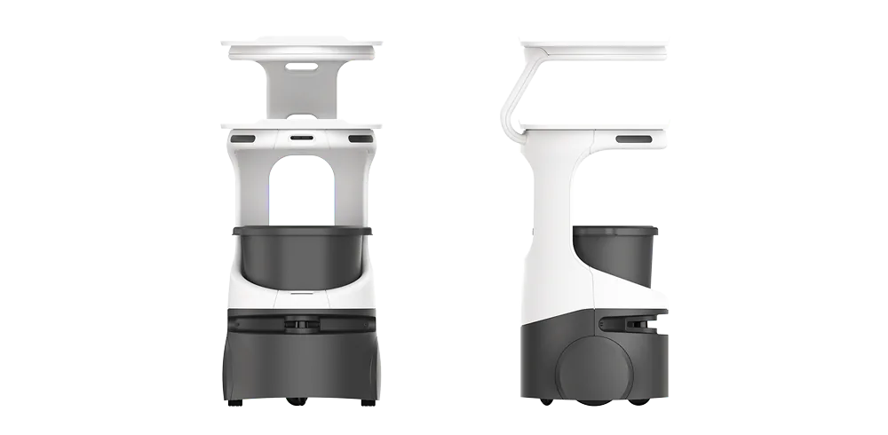 Bear Robotics Servi restaurant service robot, front and side views