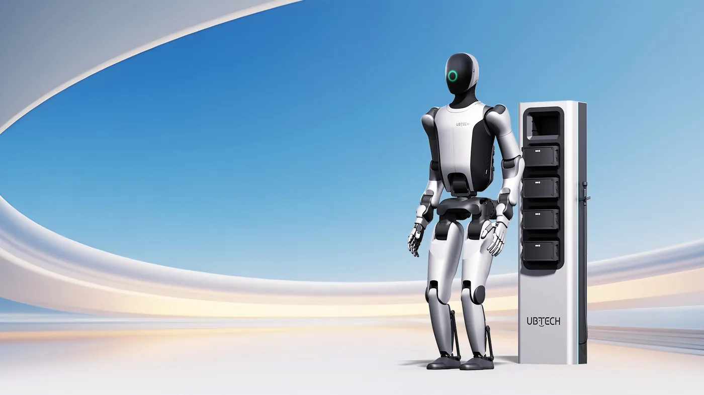 UBTECH Walker S2 industrial humanoid beside its battery-swap station