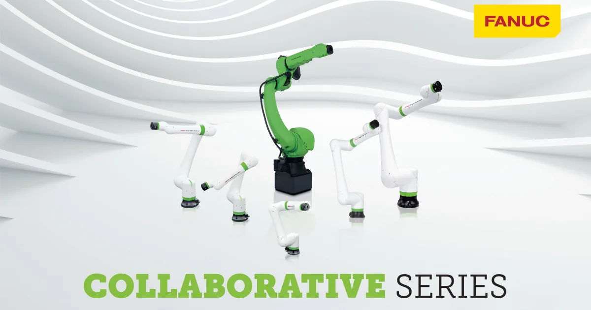 FANUC CRX collaborative robot family arranged together on a white studio background