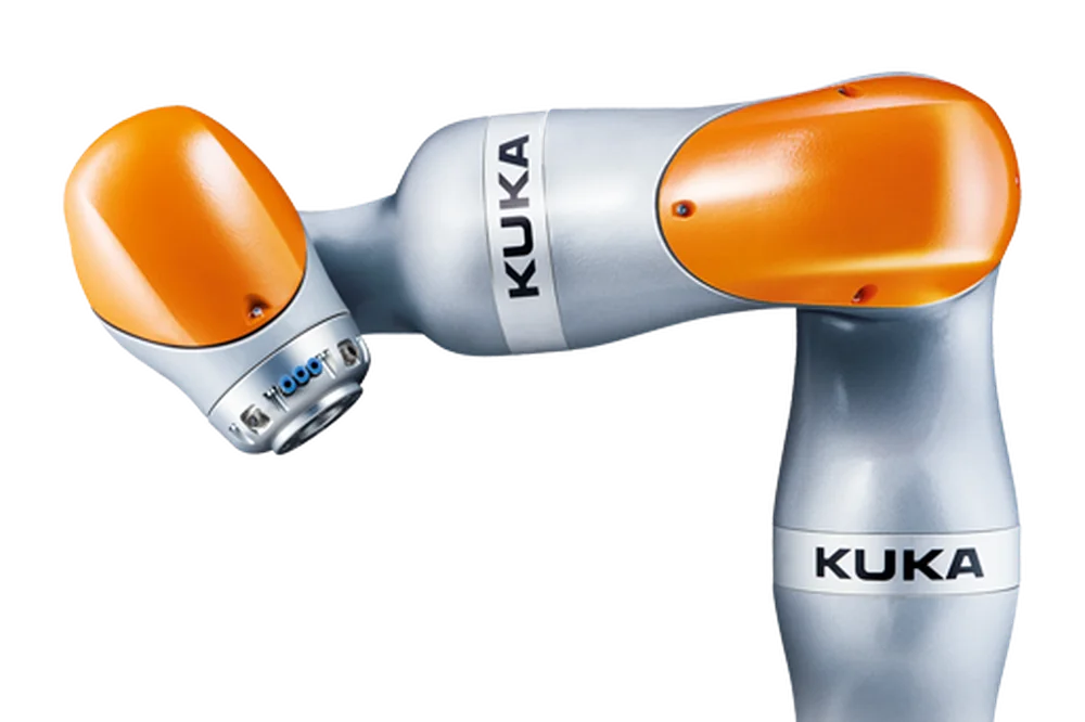 KUKA LBR iiwa collaborative arm with silver links and orange joint covers on a transparent background