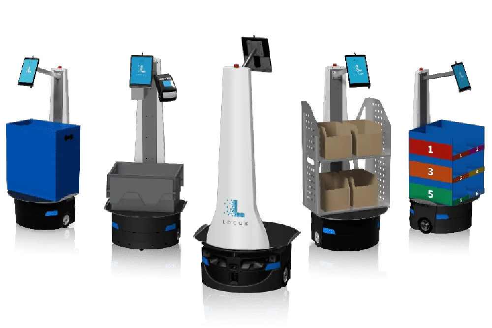 Five Locus Origin warehouse robots shown with different tote, bin and shelving configurations