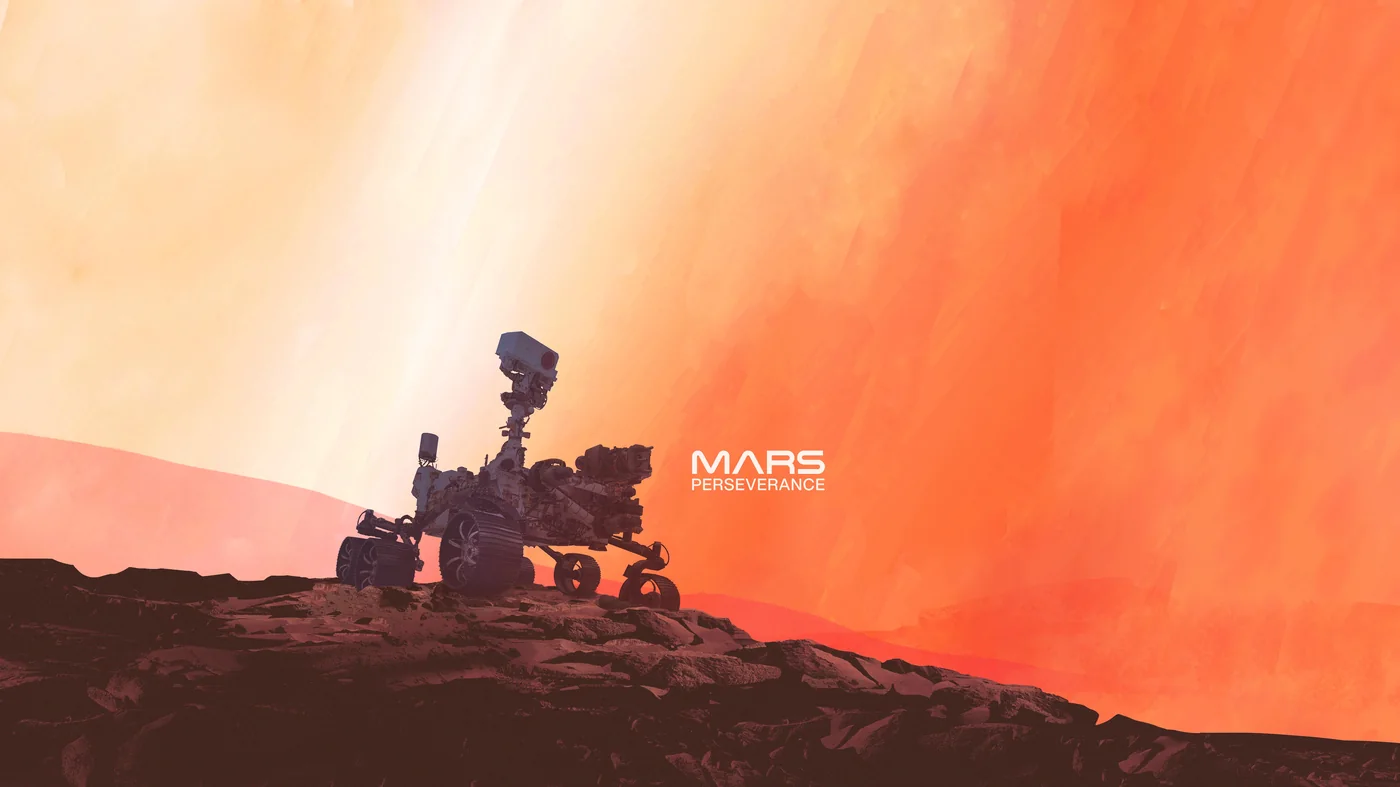 NASA illustration of the Perseverance rover driving across a rocky Martian landscape beneath an orange sky