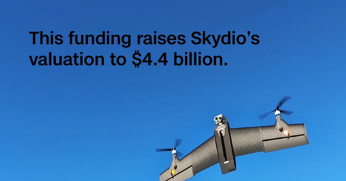 Skydio Series F announcement graphic with a Skydio drone in flight and text stating the company's 4.4 billion dollar valuation