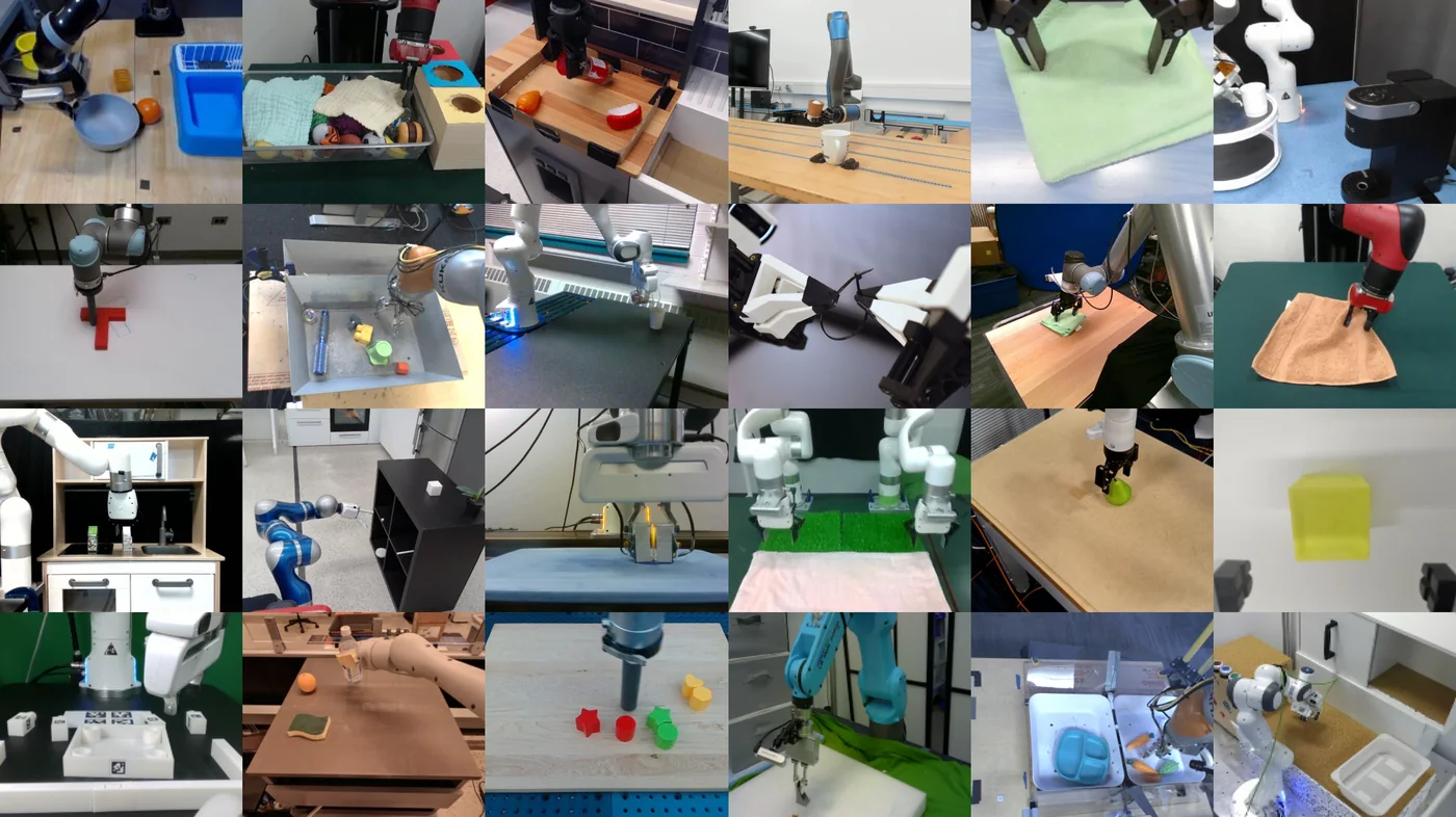A four-row collage of many robot embodiments performing manipulation tasks across varied lab workspaces in the Open X-Embodiment dataset.