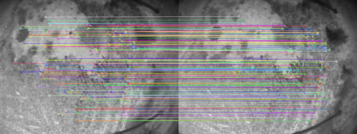 Mars Helicopter vision frames connected by colored feature-tracking lines