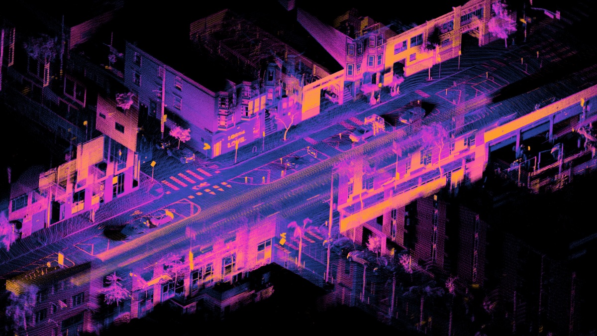 False-color lidar point cloud mapping a San Francisco street intersection in three dimensions